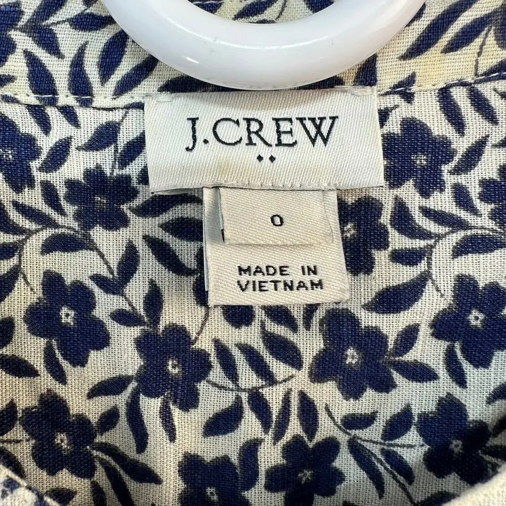 J. Crew Fit & Flare Linen‎ Dress Womens Size 0 White Blue Floral Pleated Pockets